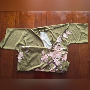 Green Floral Floor Length Satin Kimono Robe